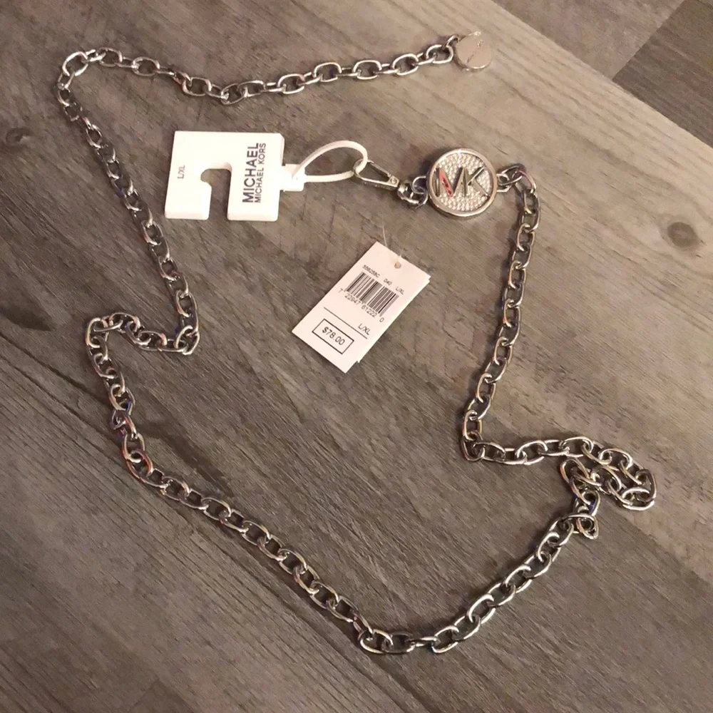 Michael Kors Silver Tone Chain Link Belt With Round Pave MK Logo Size L/XL NWT - Picture 10 of 12